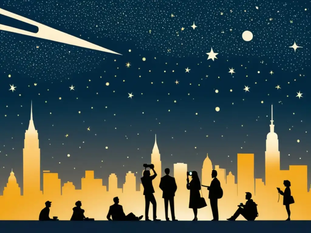 Pequeño grupo observando estrellas en ciudad iluminada, conectando con la belleza del cielo nocturno