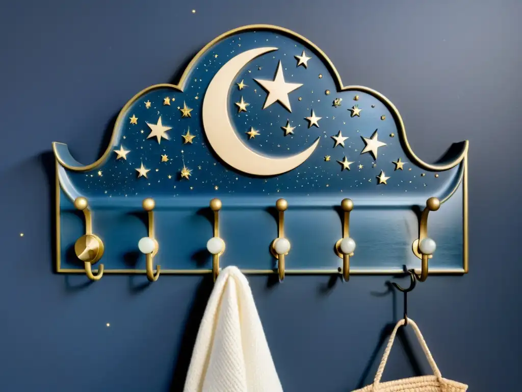 Percheros astronómicos para organizar: un elegante rack celestial vintage con ganchos en forma de luna creciente y adornos de estrellas, montado en una pared con un fondo de noche estrellada y un sutil resplandor