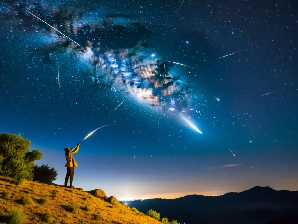 San Lorenzo llora mientras las Perseidas surcan el cielo nocturno en una ilustración vintage que evoca el significado mitológico de las Perseidas