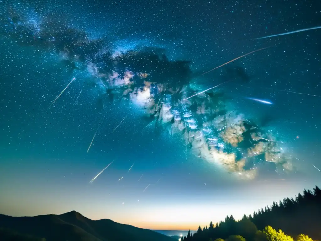 Guía para disfrutar las Perseidas: Noche estrellada con lluvia de meteoros y la Vía Láctea en un paisaje cósmico nostálgico