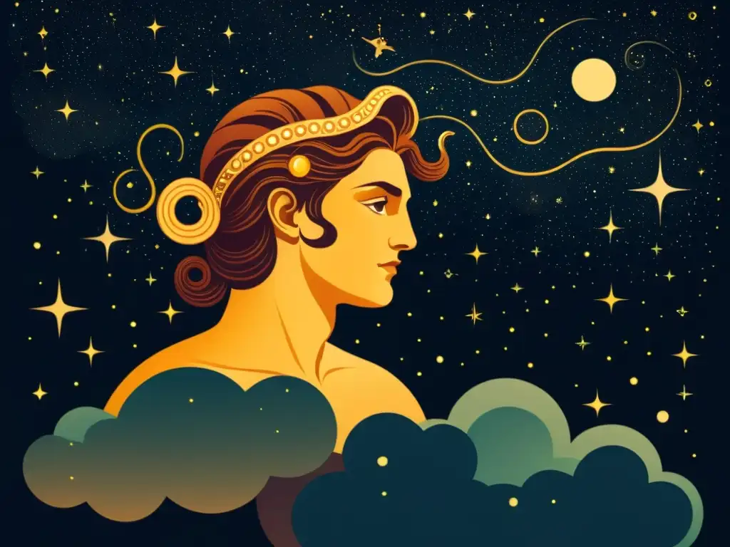 Perseo en el cosmos: ilustración vintage de la constelación Ilustración vintage de alta resolución de la constelación Perseo, con estrellas detalladas y la figura mitológica sosteniendo la cabeza de Medusa