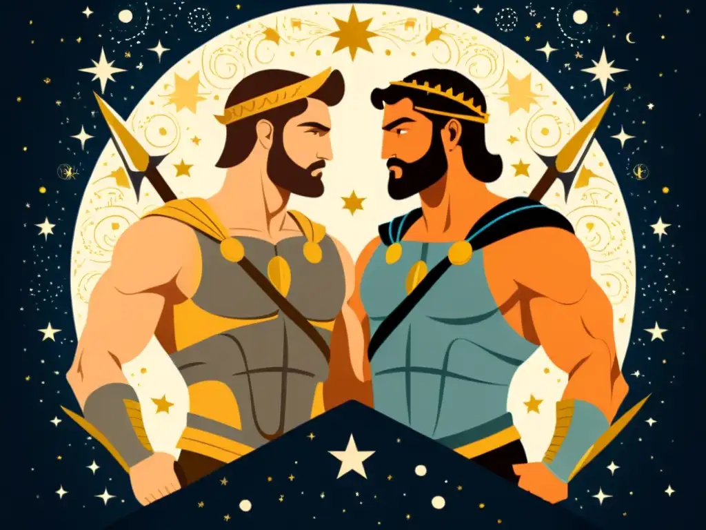 Perseo y Hércules: Herencia Divina en Ilustración Vintage Perseo y Hércules, con herencia divina, portan armas y armaduras en un escenario celestial de estrellas y constelaciones