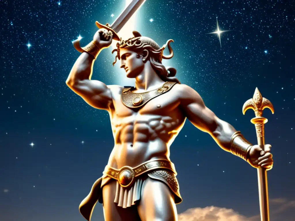 Perseo victorioso: ilustración detallada y vintage con Medusa Perseo, con herencia divina, sostiene la cabeza de Medusa bajo un cielo estrellado, destacando la mitología y el heroísmo