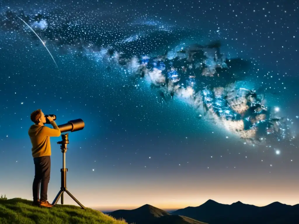 Persona asombrada observando el cielo nocturno a través de un telescopio computarizado, con detalles intrincados y constelaciones de fondo