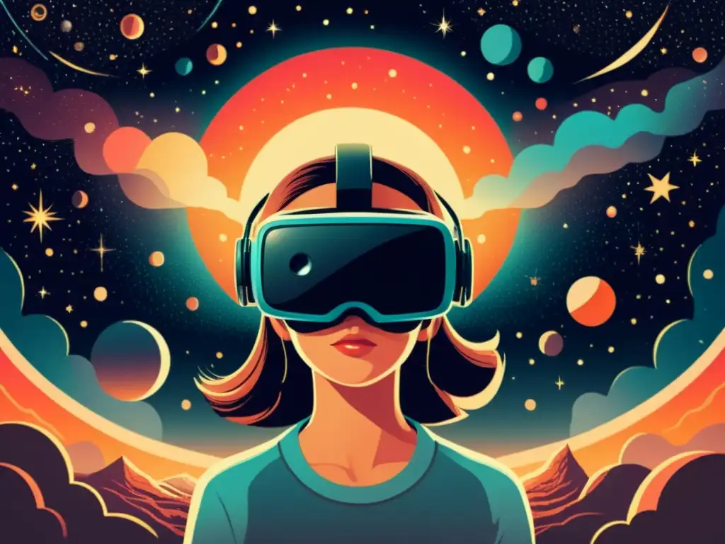 Persona asombrada explorando el cosmos en realidad virtual, con atmósfera vintage y cálida