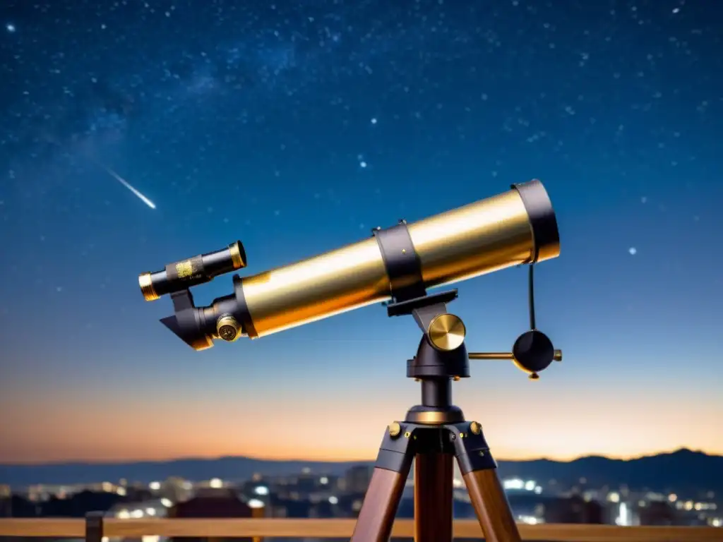 Persona asombrada ajusta telescopio vintage para observar constelaciones en noche estrellada