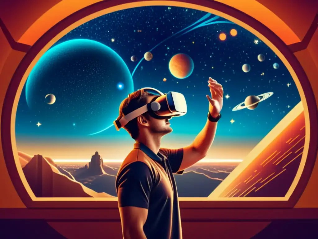 Persona con auriculares de realidad virtual observando tendencias de realidad aumentada visualización astronómica en un observatorio histórico