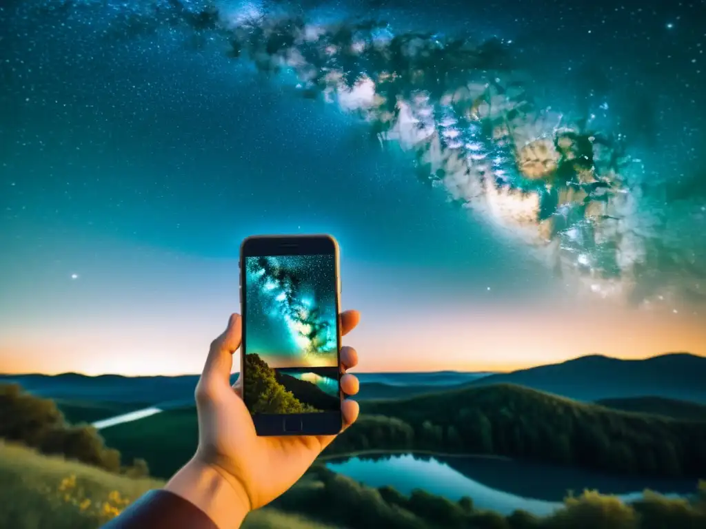 Persona capturando la belleza del cielo estrellado con smartphone