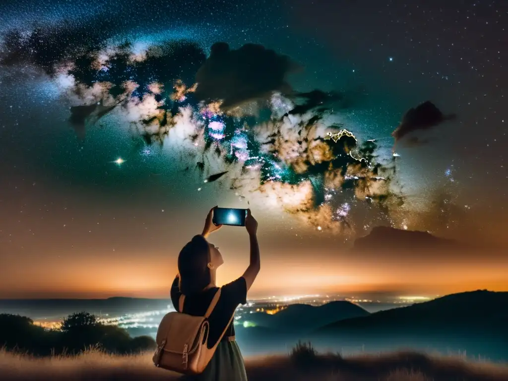 Persona capturando la belleza del cielo nocturno con un smartphone