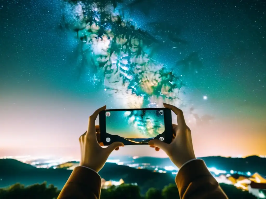 Persona captura la Vía Láctea con smartphone, conectando con la inmensidad del cielo nocturno