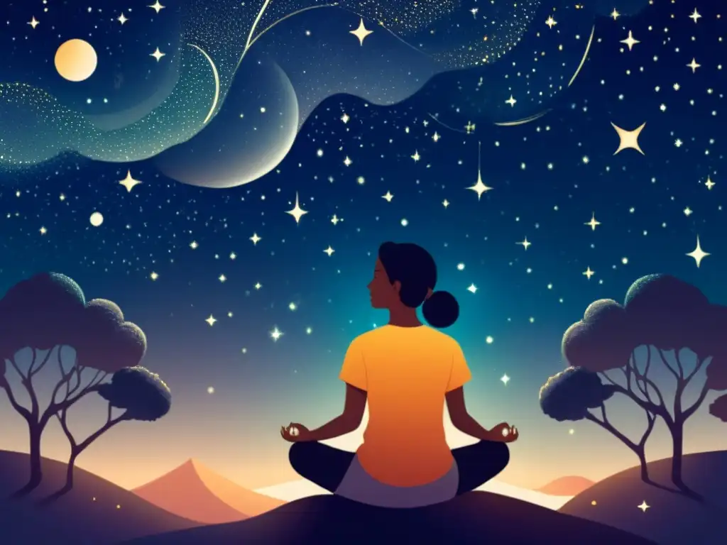 Una ilustración vintage de una persona meditando bajo un cielo estrellado, con constelaciones y planetas visibles en el fondo