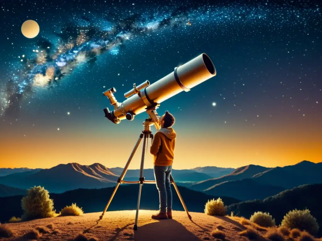 Persona observando el cielo estrellado a través de un telescopio, capturando la maravilla del universo