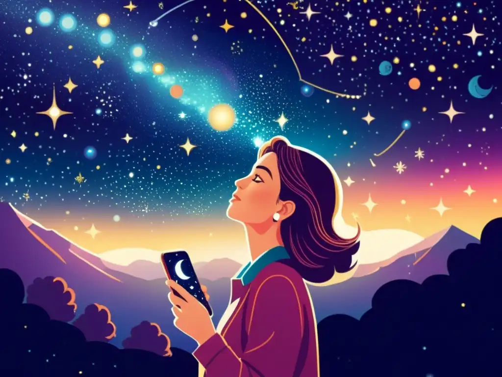 Una ilustración vintage de una persona contemplando el cielo nocturno, rodeada de constelaciones y objetos celestes