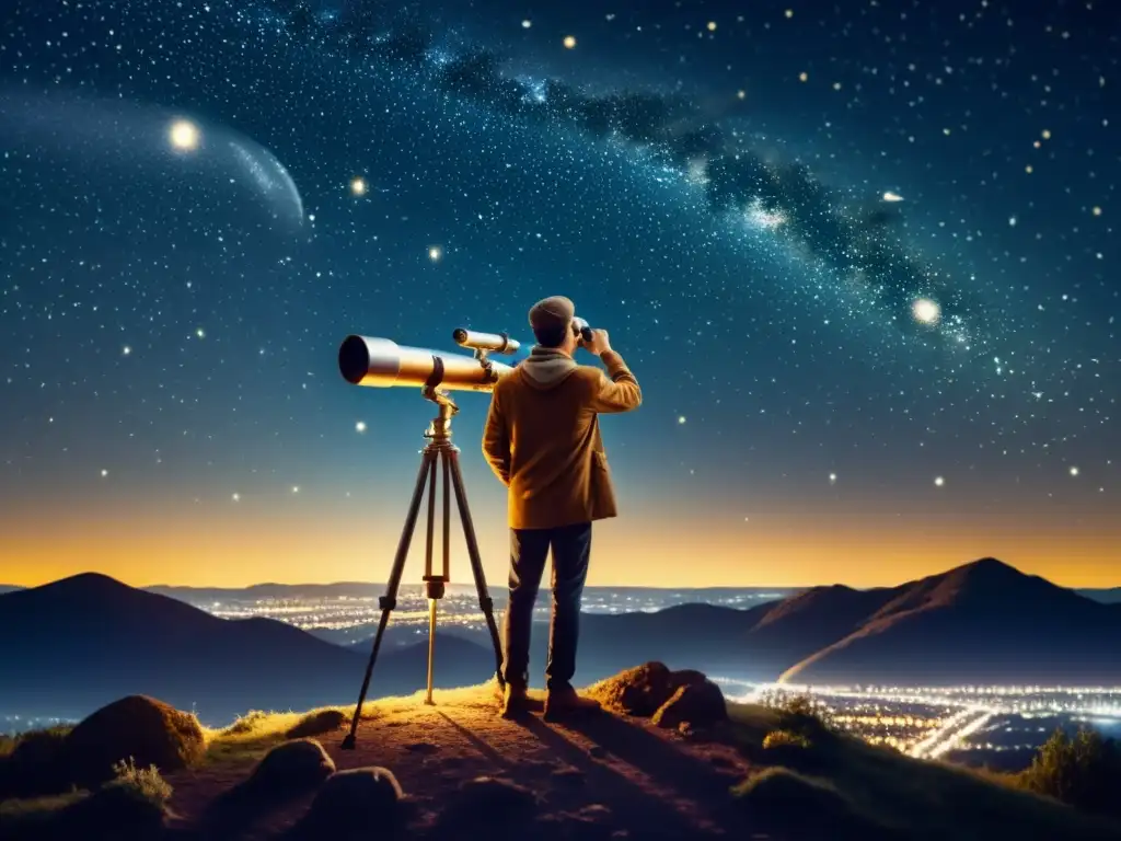 Persona observando el cielo nocturno con un telescopio clásico