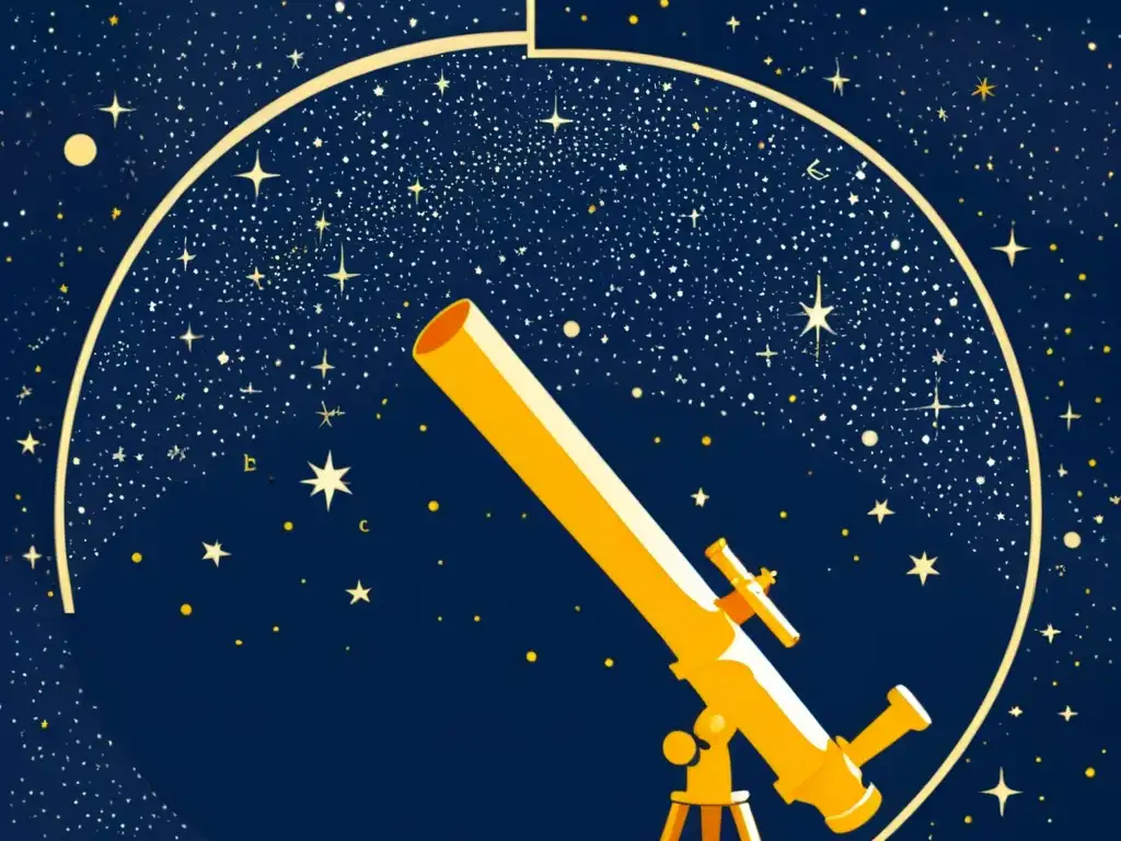 Una ilustración vintage de una persona mirando el cielo nocturno a través de un telescopio, con constelaciones visibles