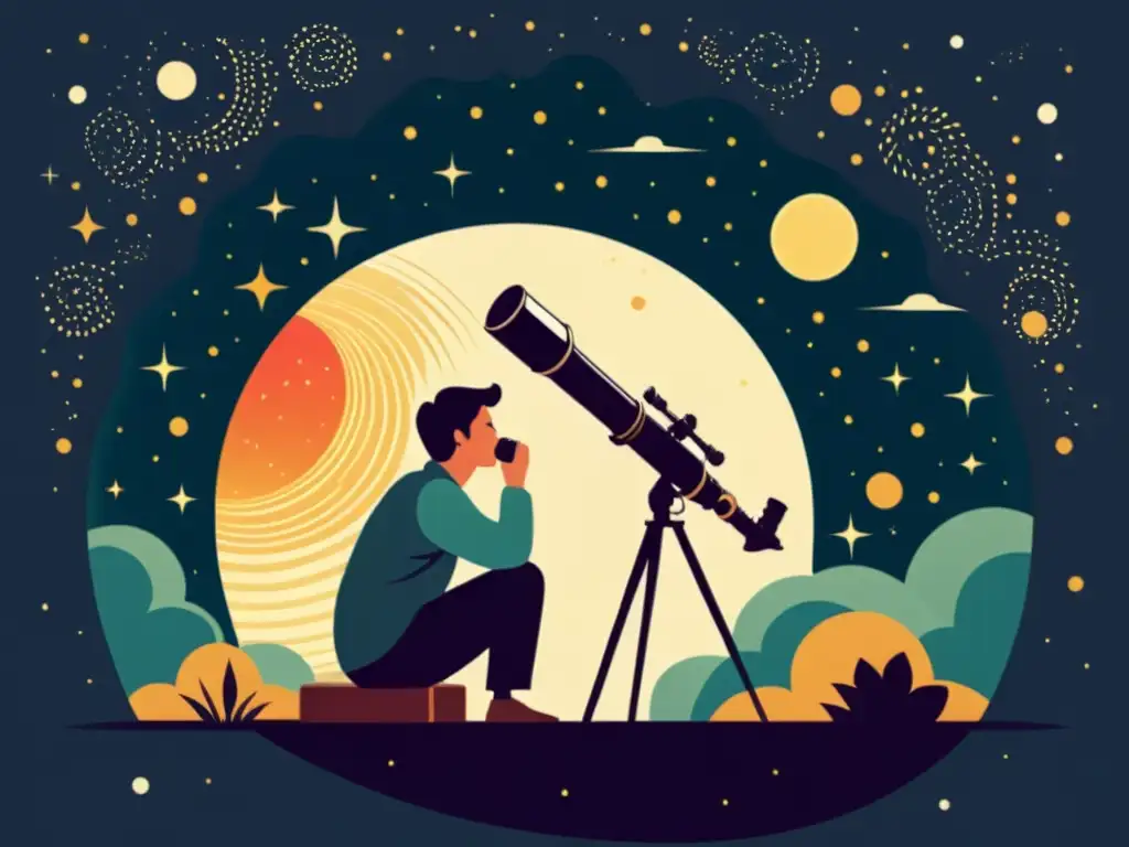 Una ilustración vintage de una persona observando cómodamente el cielo nocturno a través de un telescopio, rodeada de luz suave y tranquilidad