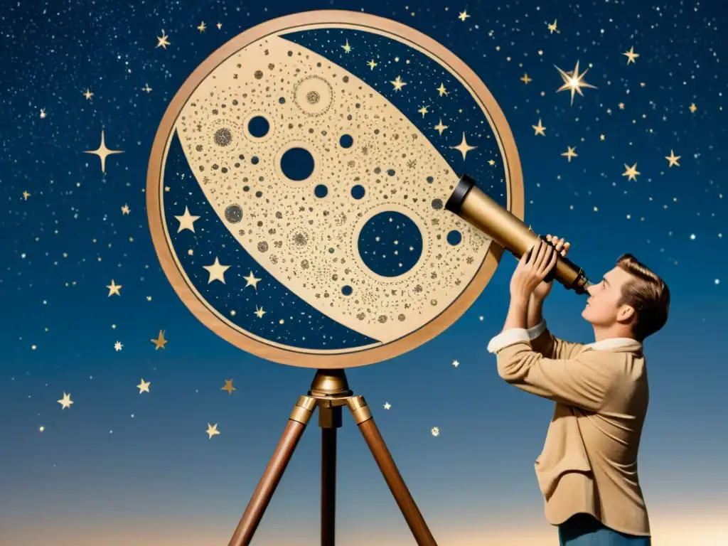 Una persona observa el cielo nocturno a través de un telescopio vintage, con estrellas, constelaciones y la luna