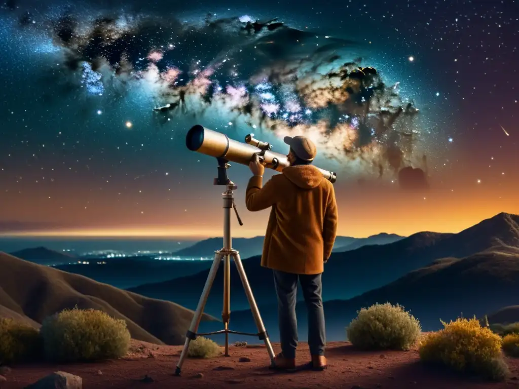 Una ilustración vintage de una persona observando el cielo nocturno a través de un telescopio clásico, con constelaciones y nebulosas visibles en el fondo