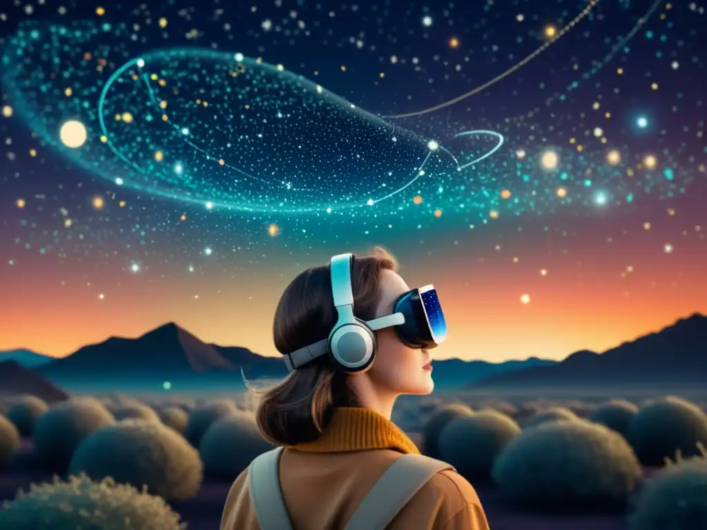 Una ilustración vintage de una persona explorando constelaciones en realidad aumentada bajo un cielo nocturno lleno de estrellas