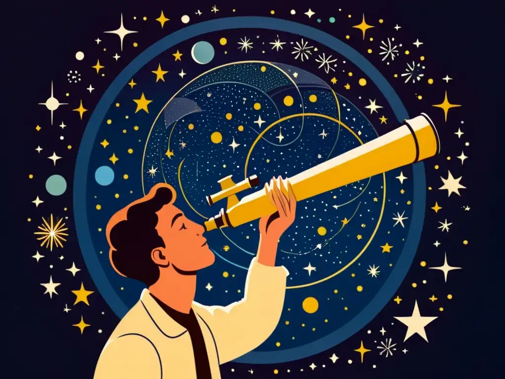 Una ilustración vintage de una persona observando las constelaciones con un telescopio, rodeada de objetos celestiales