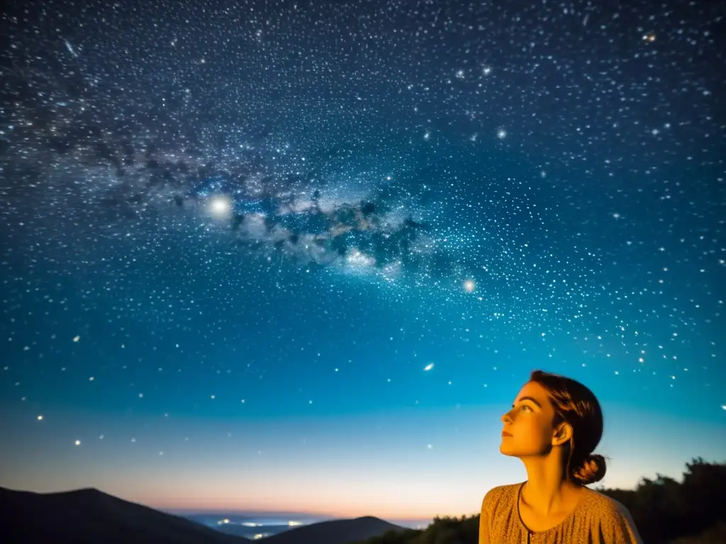 Persona admirando las estrellas en el cielo nocturno con asombro y curiosidad en una ilustración de estilo vintage