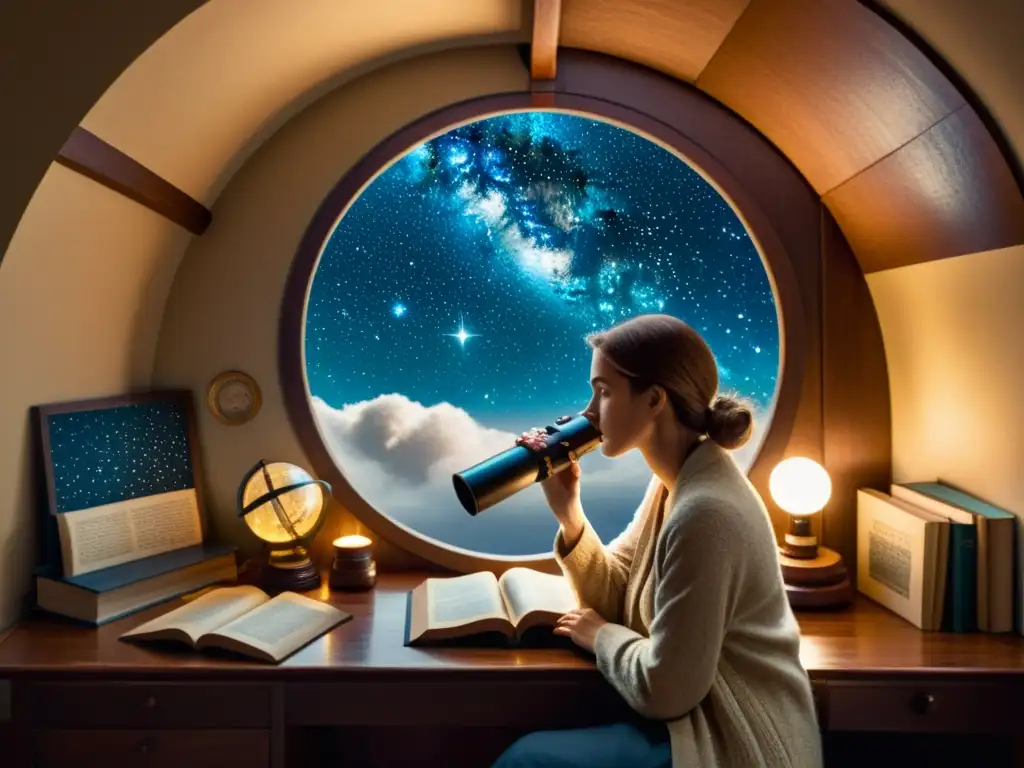 Persona observando estrellas con un telescopio en una habitación acogedora llena de mapas antiguos y libros de astronomía