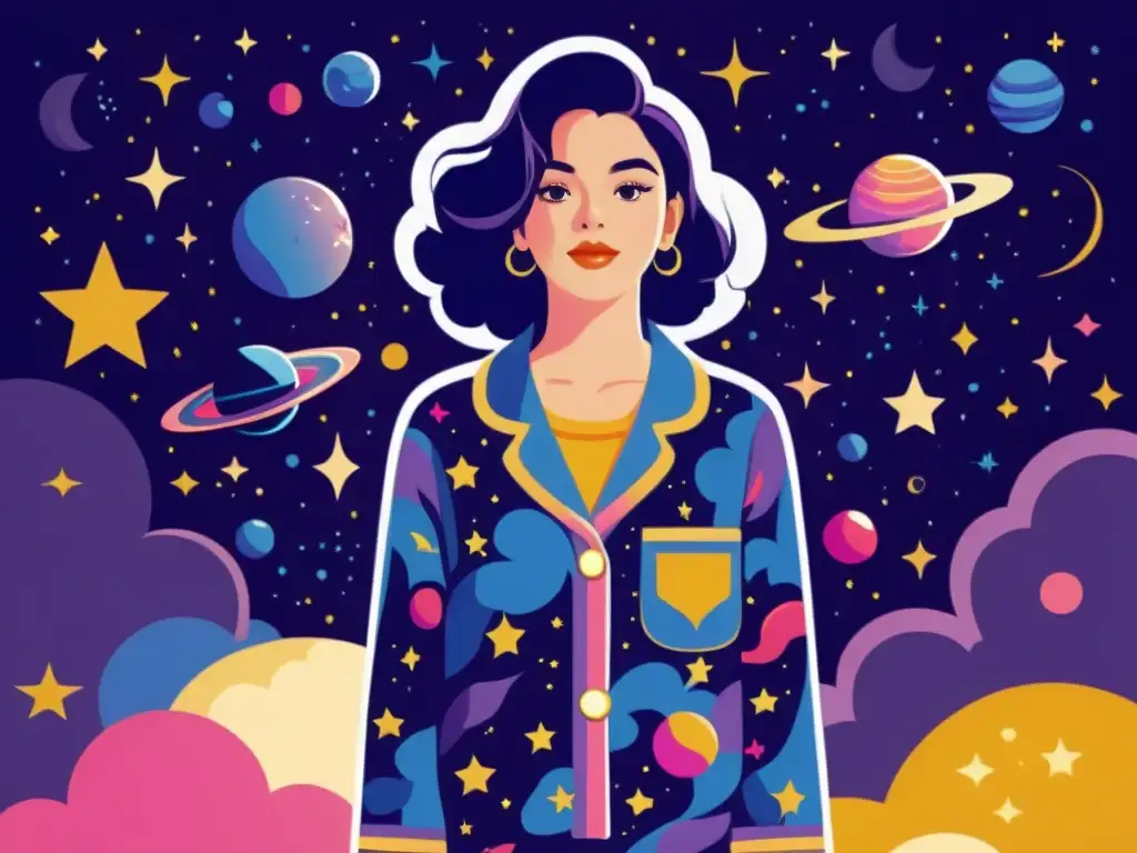 Una ilustración vintage de una persona con pijamas galácticos para dormir, de colores profundos y diseño retro-futurista, de pie en una nube entre estrellas, planetas y galaxias, con una expresión serena y soñadora