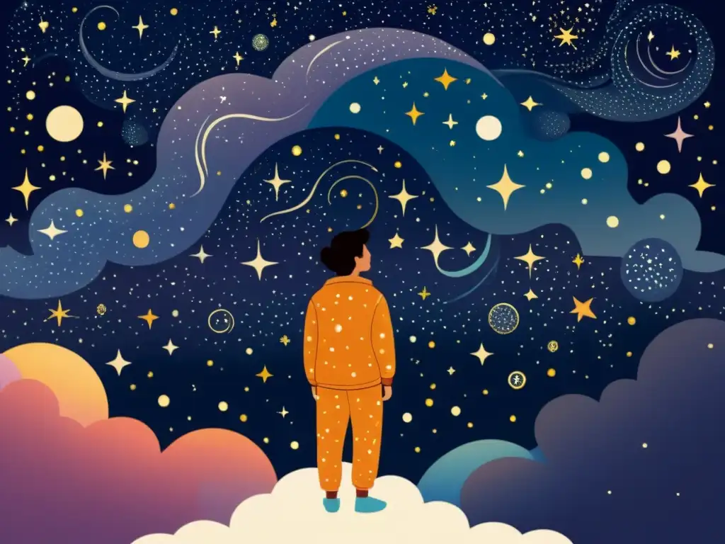 Persona en pijamas galácticos para dormir observando la noche estrellada desde una nube, con expresión de asombro y encanto