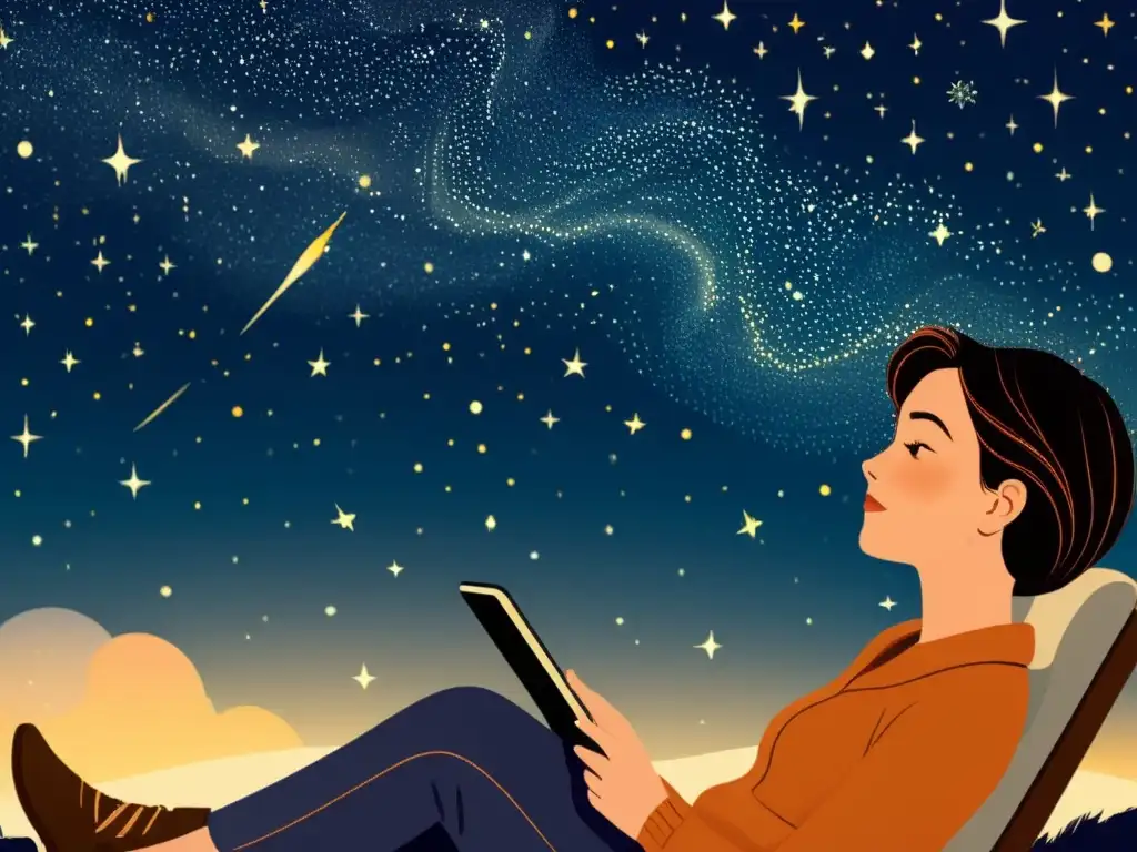 Persona maravillada leyendo publicaciones digitales sobre eventos astronómicos bajo un cielo estrellado lleno de constelaciones y estrellas fugaces