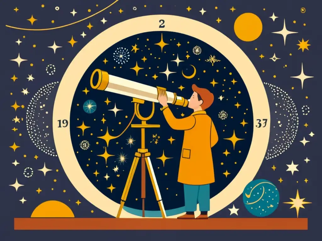 Persona usando monturas de telescopio para observar constelaciones en ilustración vintage de atmósfera científica y exploratoria