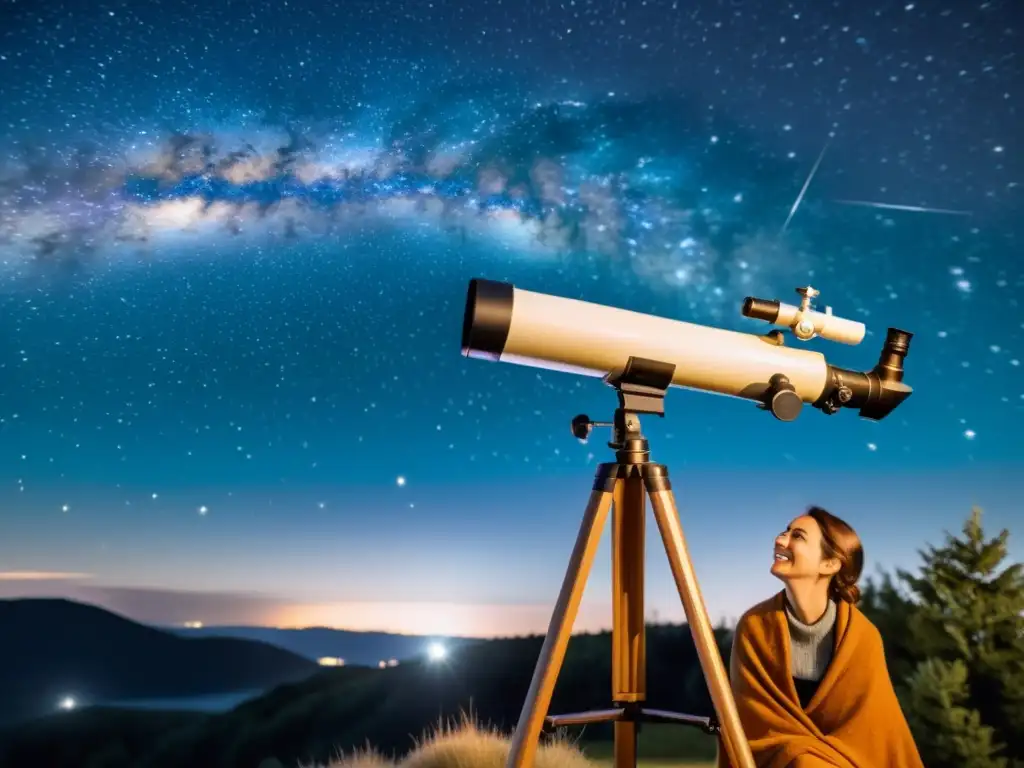 Persona disfrutando de la observación con telescopio en la noche, mejorando comodidad y tranquilidad bajo las estrellas