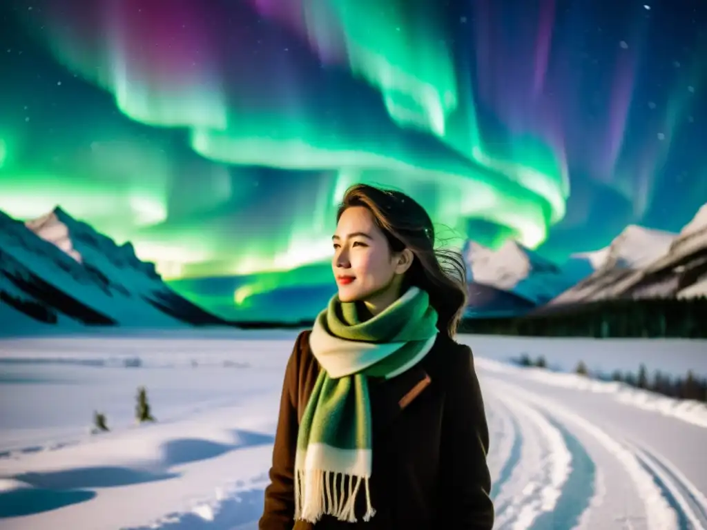 Una persona de pie en un paisaje nevado, usando una bufanda con estampado de aurora boreal