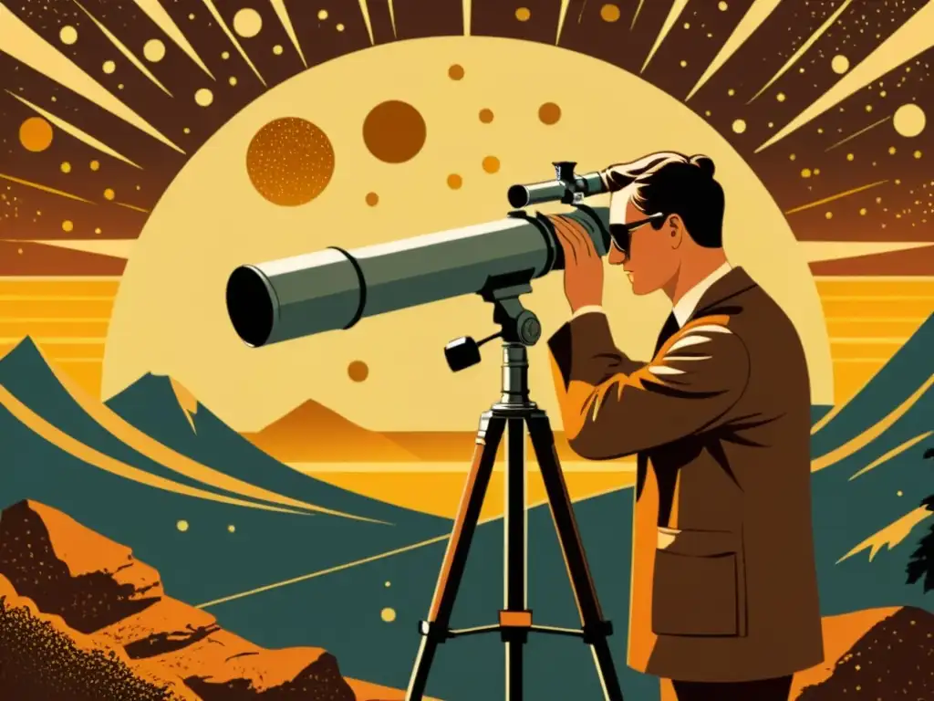 Persona observa con seguridad manchas solares a través de telescopio, evocando nostalgia y experticia atemporal en observación solar