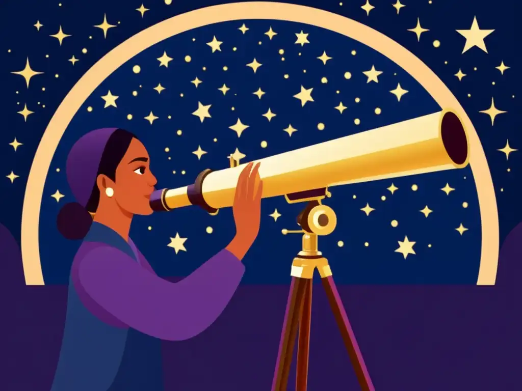 Persona con telescopio observando el cielo estrellado en ilustración vintage