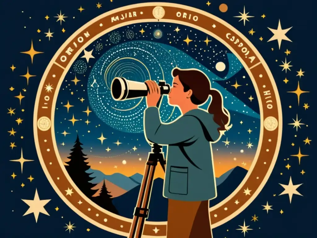 Una ilustración vintage de una persona calibrando un telescopio para observar constelaciones en una noche estrellada