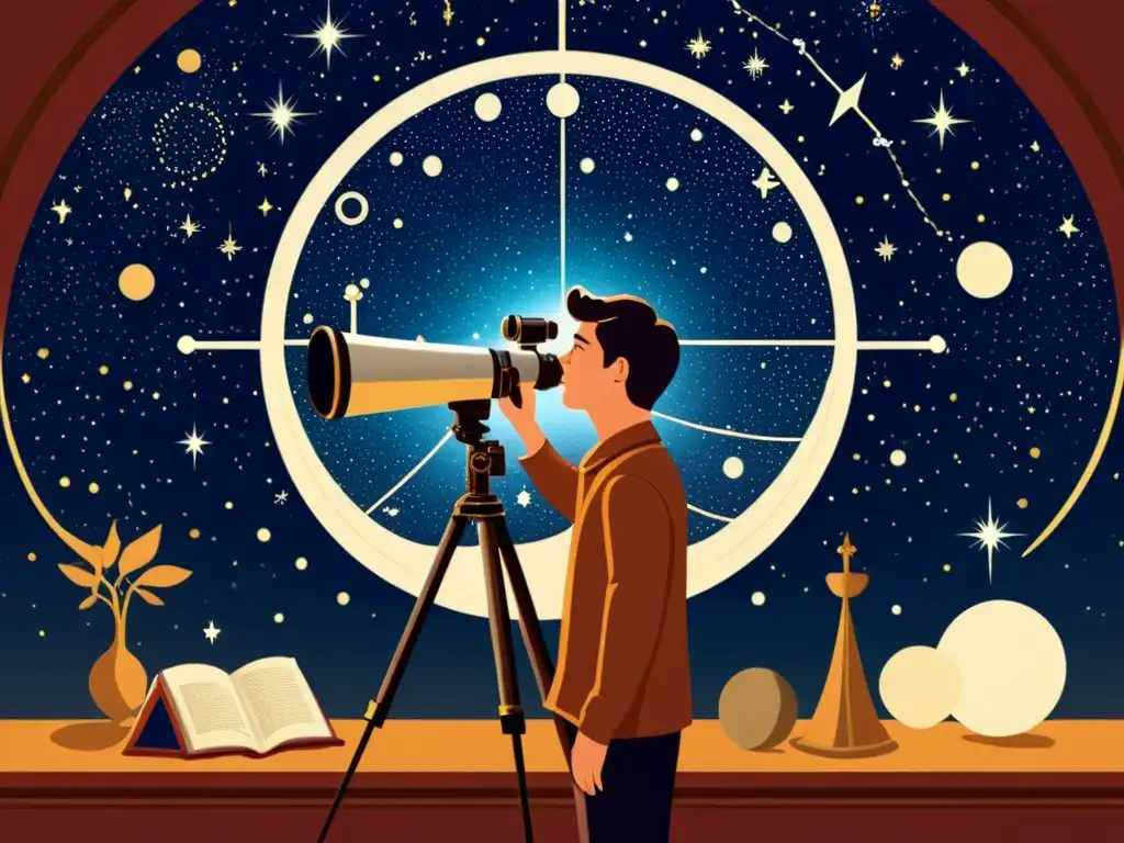 Una ilustración vintage de una persona usando un telescopio virtual, rodeada de instrumentos astronómicos antiguos y una atmósfera nostálgica de estudio