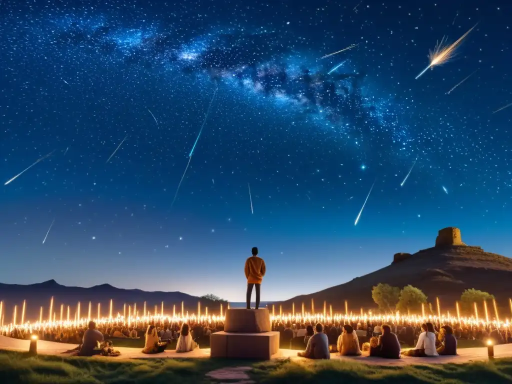 Personas de distintas culturas observan con asombro una lluvia de estrellas, destacando la mitología cultural y la historia de las meteoroides