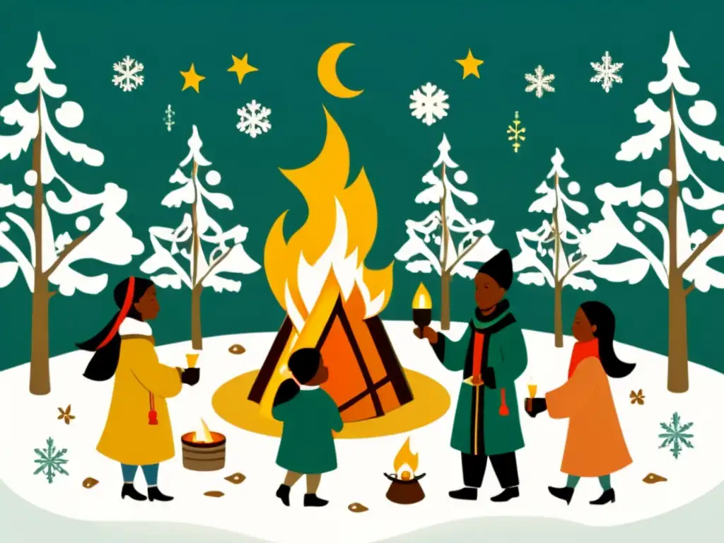 Personas de diversas culturas celebran el Solsticio de Invierno alrededor de una hoguera, creando un ambiente cálido y comunitario