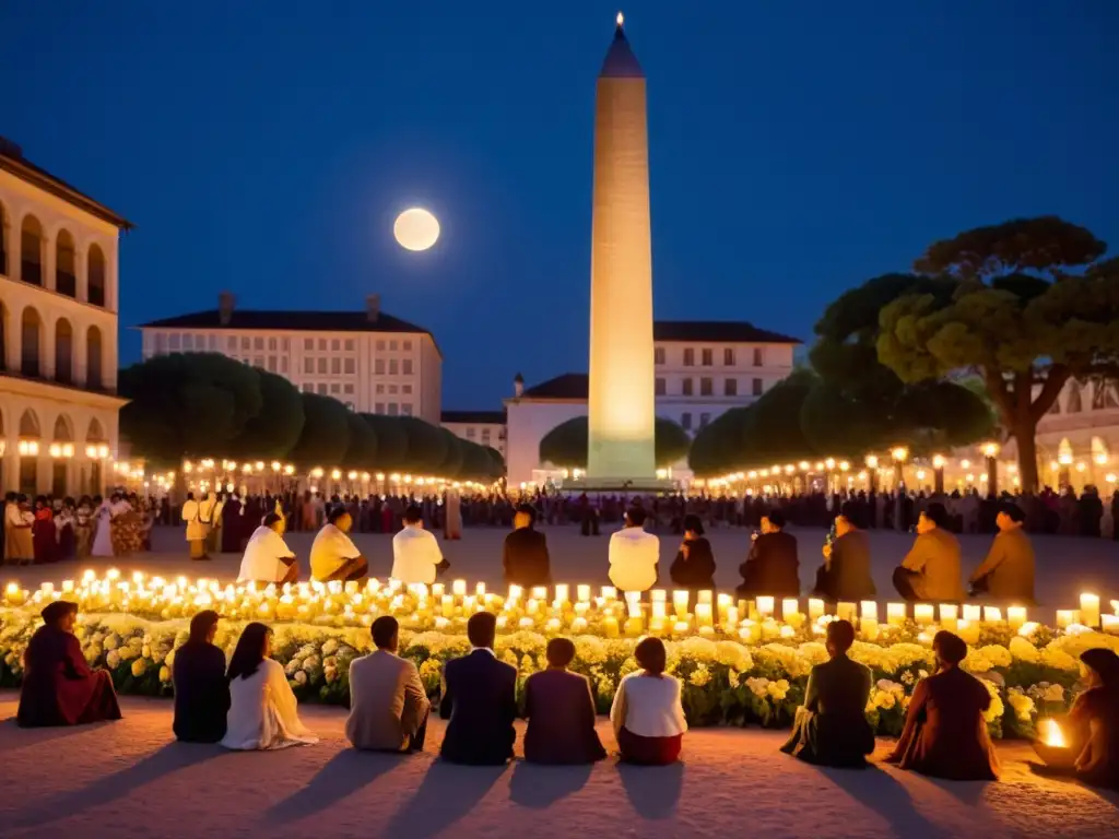 Personas participan en un ritual lunar en la plaza de la ciudad, bajo la luz de la luna llena