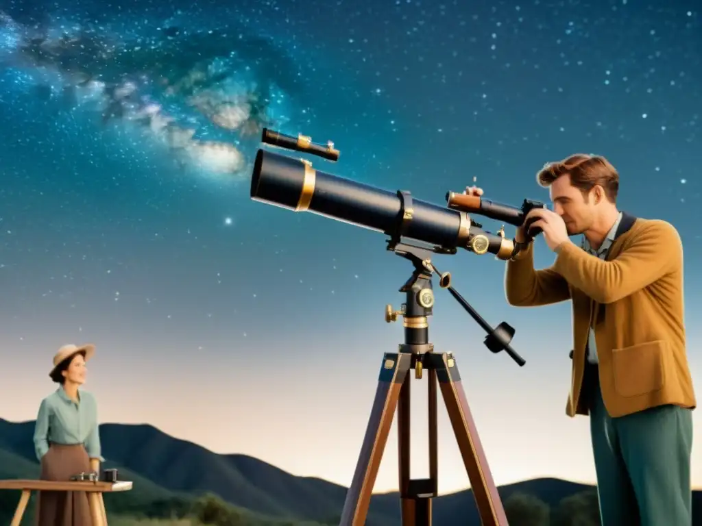 Dos personas ajustan un telescopio vintage bajo un cielo estrellado