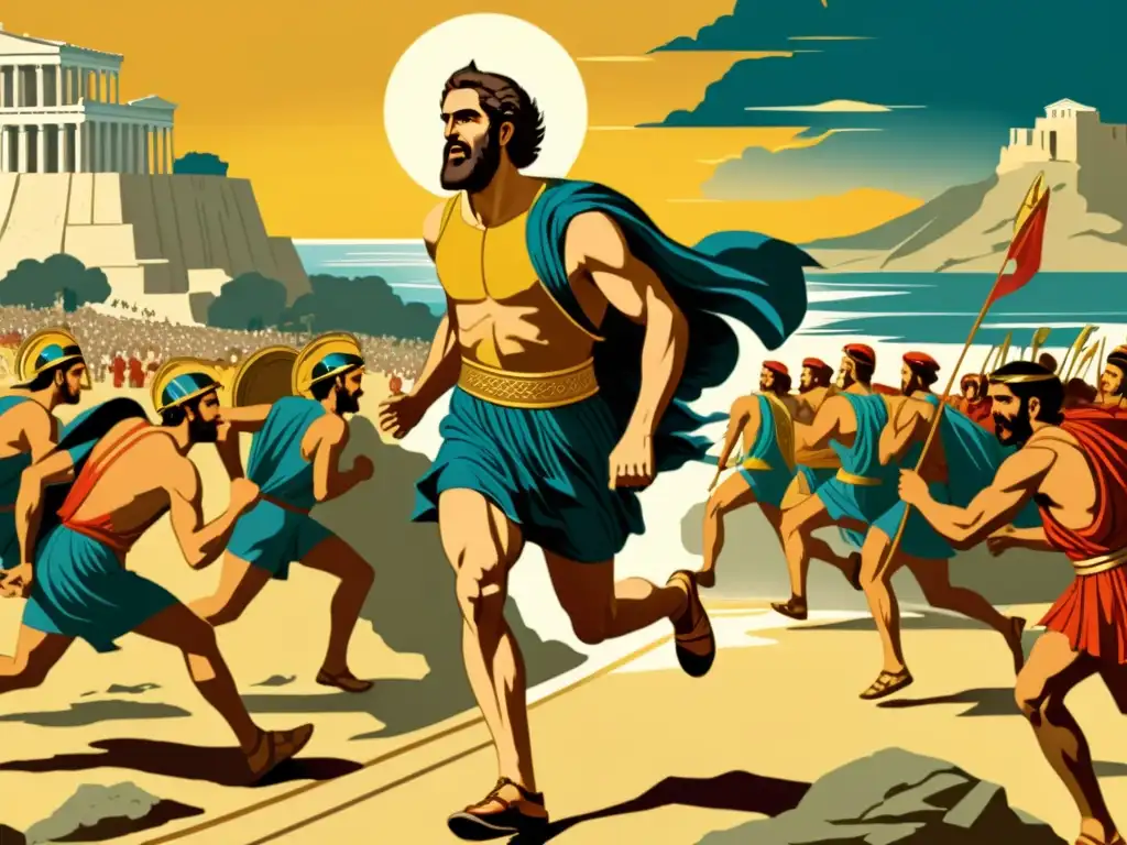 Pheidippides, el mensajero griego, agotado pero determinado, lleva el mensaje de victoria en la batalla de Maratón a Atenas, capturando el origen mitológico de la maratón