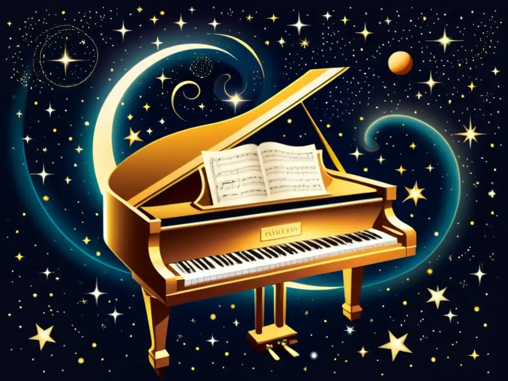 Un piano flotando en el cosmos, rodeado de constelaciones y notas musicales, en una fusión celestial de música y astronomía