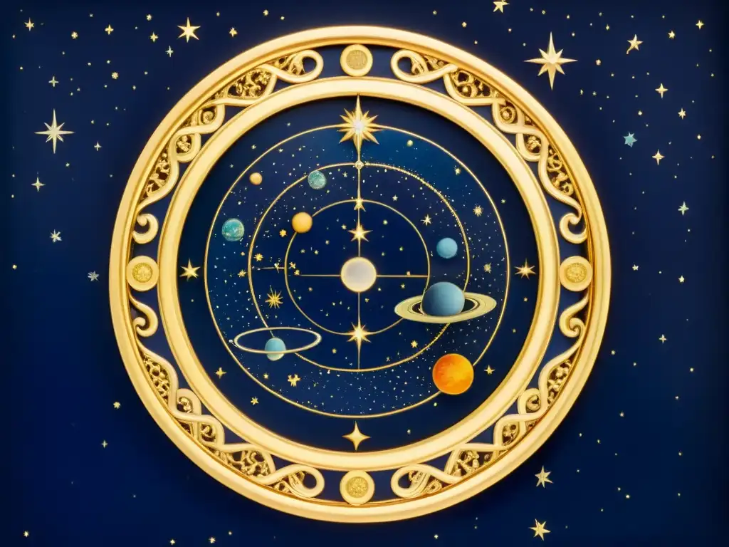 Una pintura astronómica vintage muestra la belleza cósmica a través siglos en vibrantes colores y detalles, enmarcada en oro