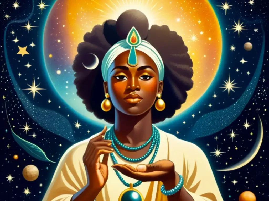 Pintura celestial de Orunmila, la deidad Yoruba de la sabiduría, rodeada de cosmos