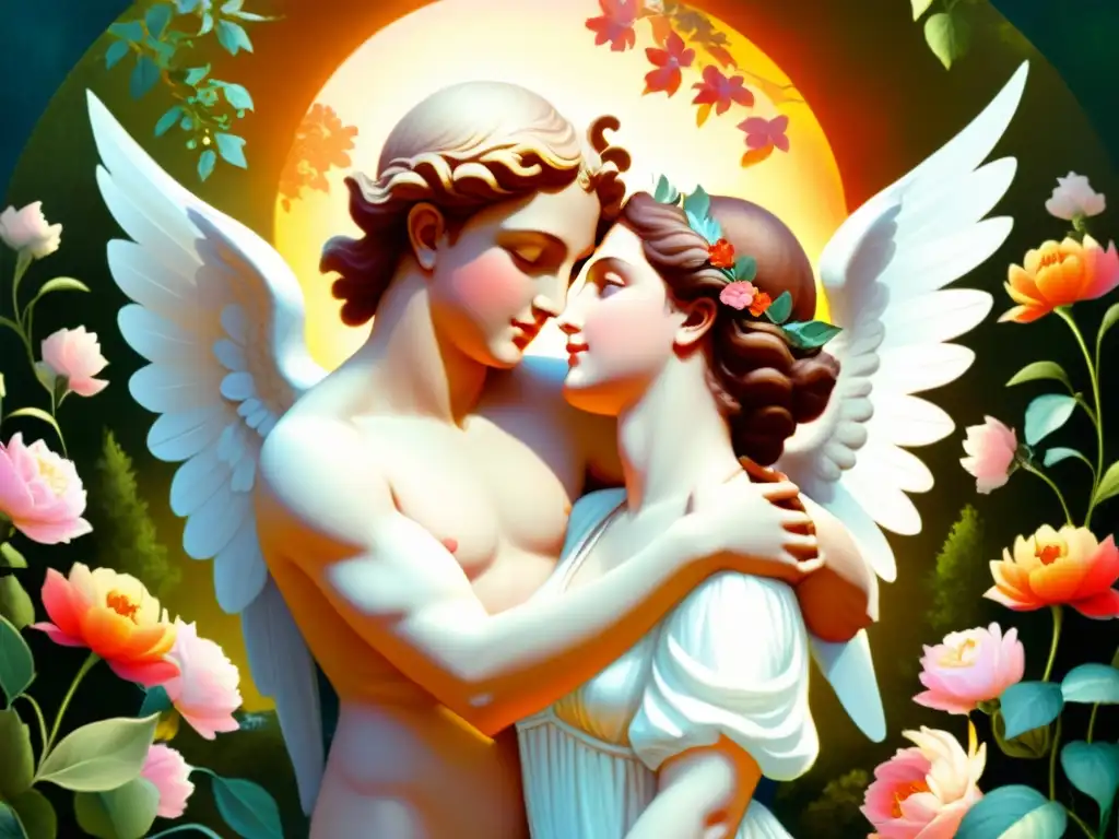 Una pintura al estilo vintage de Cupido y Psique abrazándose en un hermoso jardín, rodeados de flores vibrantes y una iluminación etérea