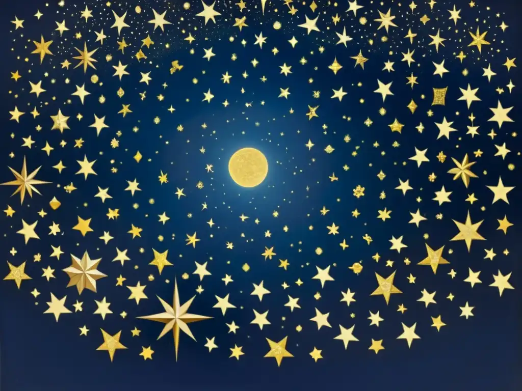 Una pintura renacentista detallada de constelaciones en el cielo nocturno, con estrellas de oro y tonos vintage, evocando un encanto atemporal