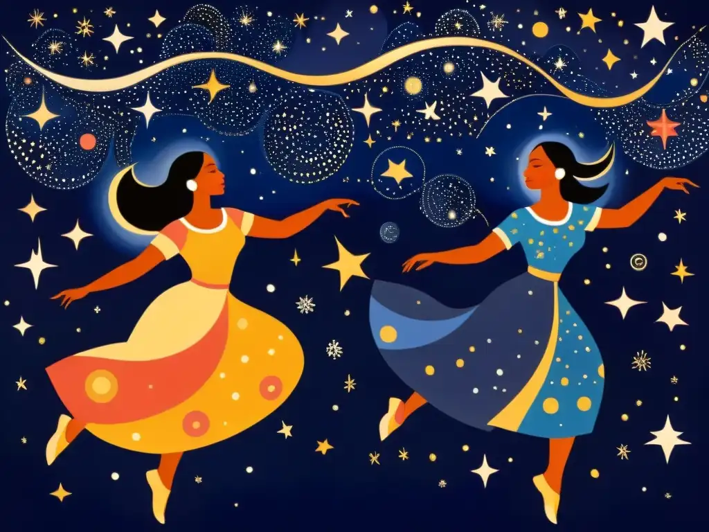 Pintura vintage de bailarines celestiales indígenas representando planetas en un hermoso ballet astral