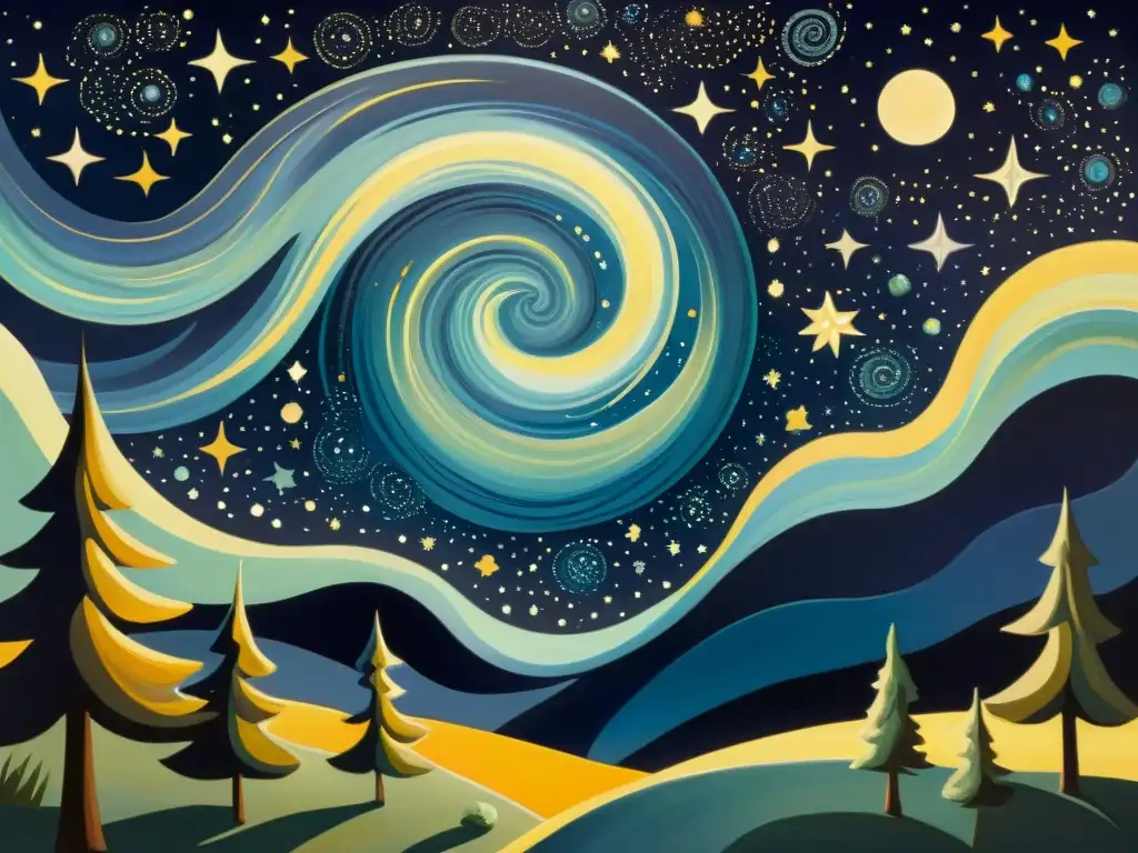 Una pintura vintage de un cielo estrellado, con galaxias y constelaciones detalladas