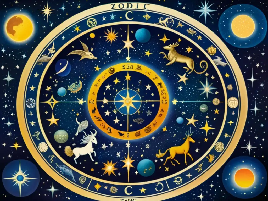 Una pintura vintage detallada de un mapa celestial, con signos del zodíaco y criaturas míticas entrelazadas en colores ricos