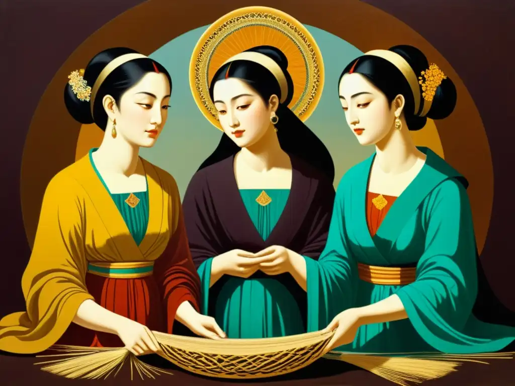 Las Moiras Tejiendo el Destino: Pintura Vintage Una pintura vintage detallada de las Moiras tejiendo el destino, con colores ricos y expresiones cautivadoras, evocando la mitología y el tiempo